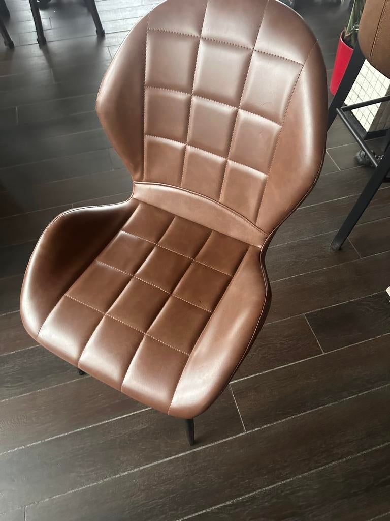 Eettafel Moderne met 6 bruine leder stoelen, Huis en Inrichting, Tafels | Eettafels, Ophalen, Gebruikt, 50 tot 100 cm, Vijf personen of meer