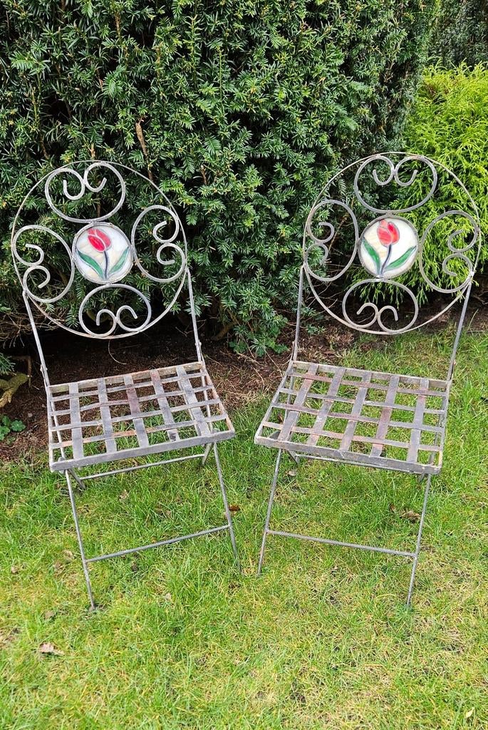 Set antieke bistrostoeltjes, Tuin en Terras, Tuinstoelen, Ophalen of Verzenden, Gebruikt, Metaal, Inklapbaar
