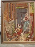 Vintage geborduurd schilderij boerderij kippen borduurwerk, Minder dan 50 cm, Gebruikt, Ophalen of Verzenden, Schilderij