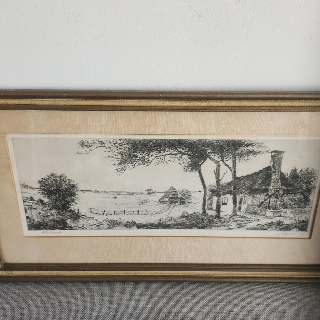 Antieke ets boerderij, Antiek en Kunst, Kunst | Etsen en Gravures, Ophalen