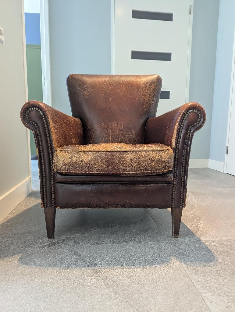 Muylaert fauteuil – schapenleer – stoere vintage look, Ophalen, Gebruikt, 75 tot 100 cm, Leer
