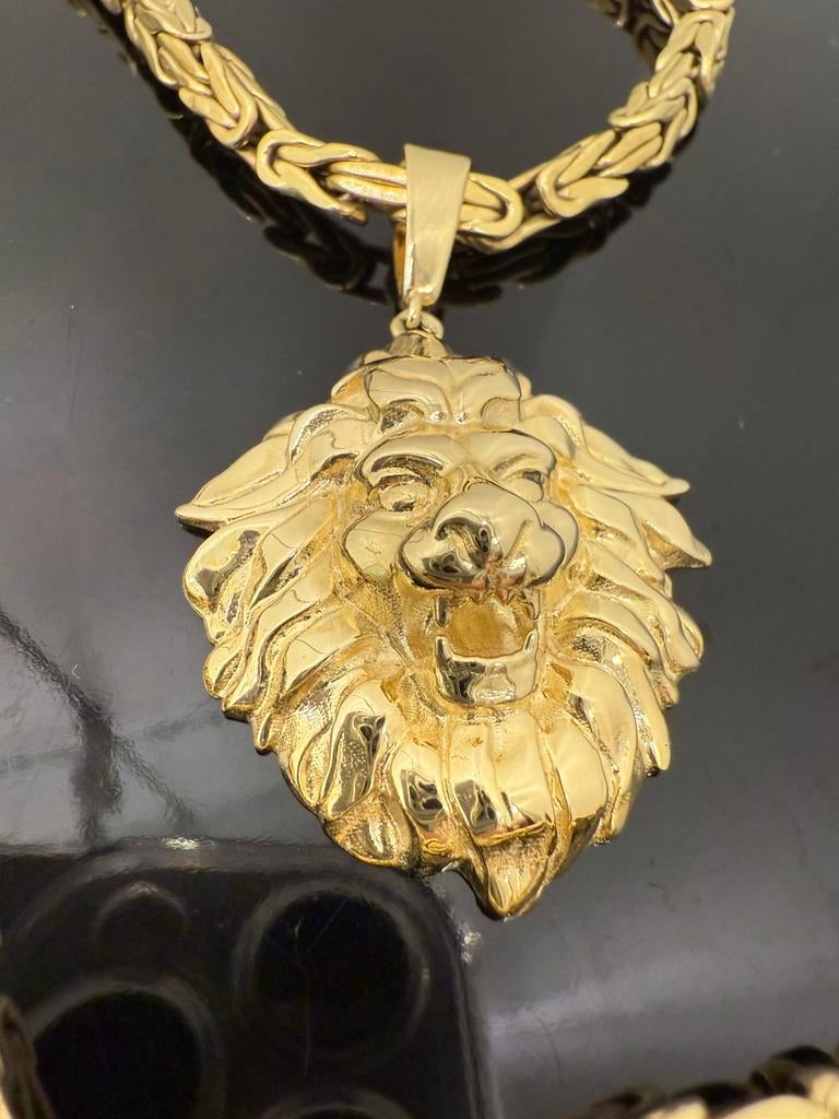 Prachtige 14 karaats gouden koningsketting met leeuw hanger, Ophalen of Verzenden, Goud