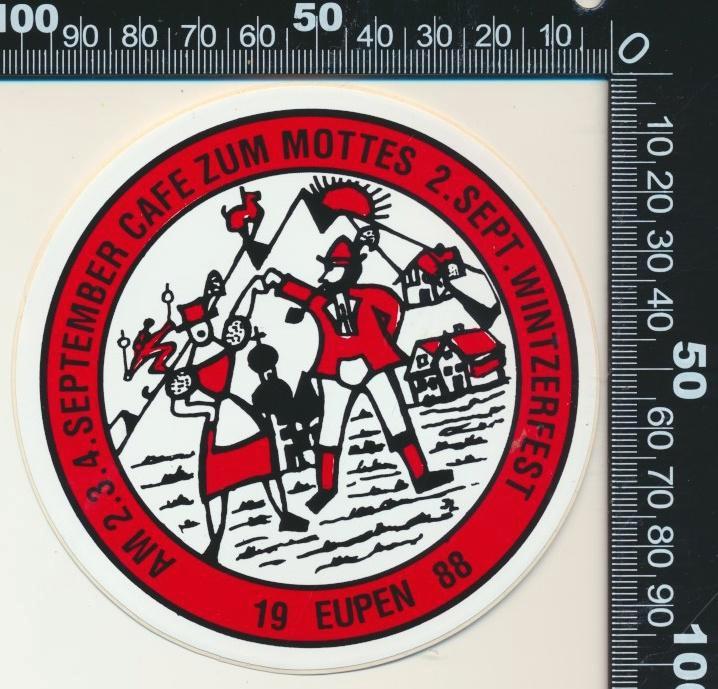 Sticker: Cafe Zum Mottes - Wintzerfest 1988 - Eupen, Verzamelen, Stickers, Zo goed als nieuw, Bedrijf of Vereniging, Ophalen of Verzenden