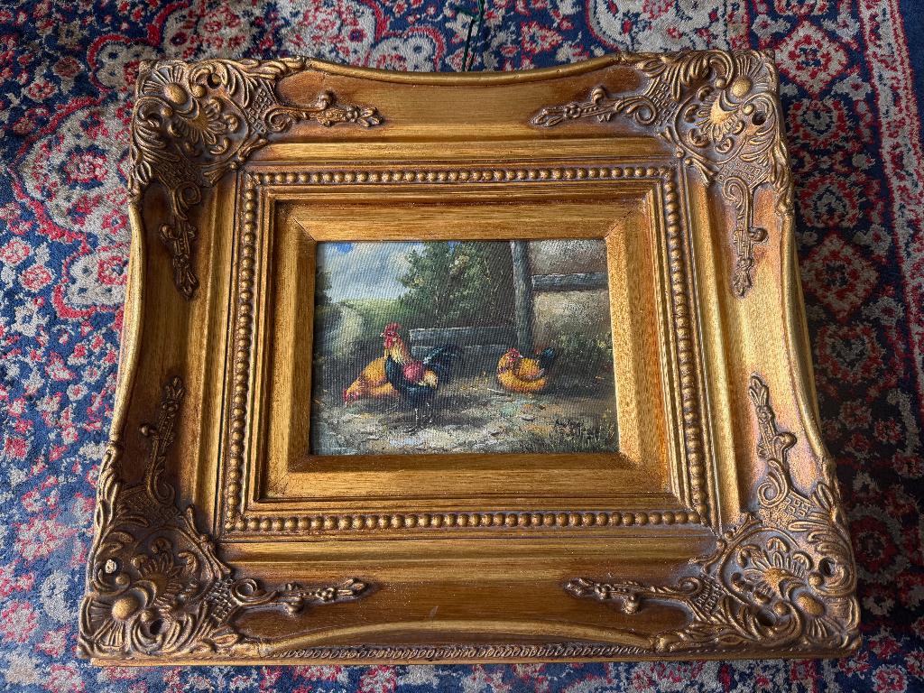 Oud Schilderijtje. Haan met 2 Hennen in een prachtige Lijst., Ophalen of Verzenden