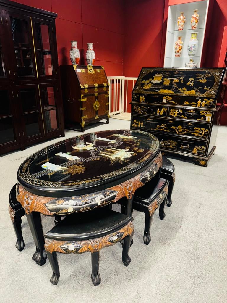 Chinese salontafel met zes krukjes, Ophalen of Verzenden