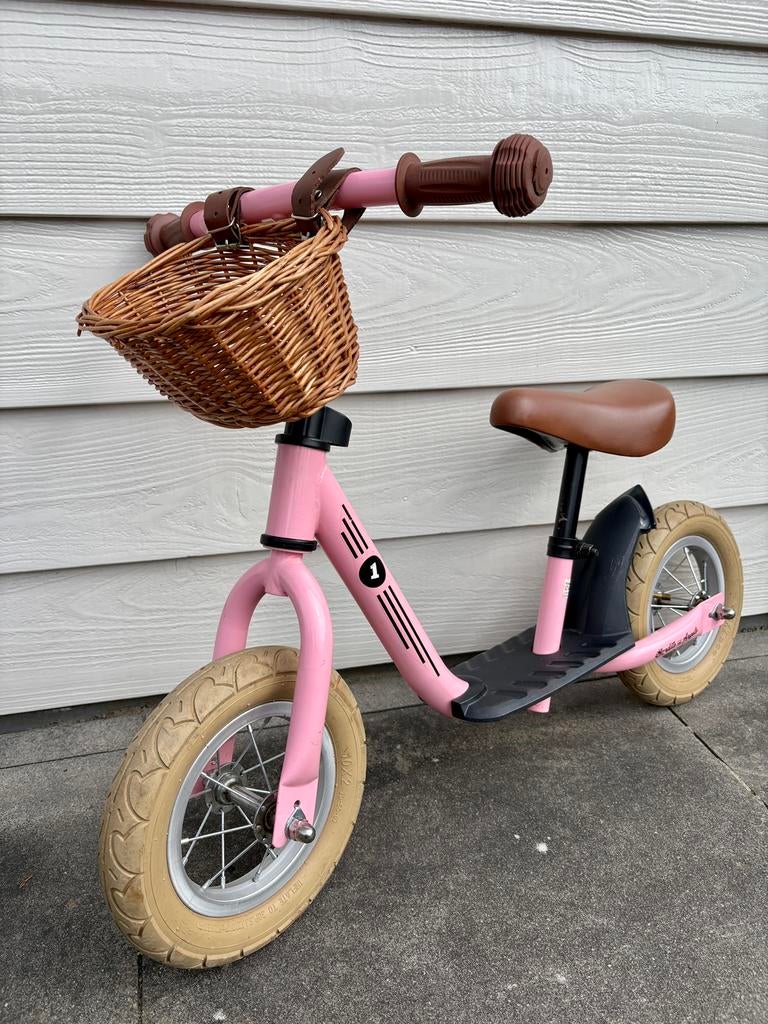 Loopfietsje met mandje bandits&angels roze, Ophalen, Zo goed als nieuw, Loopfiets