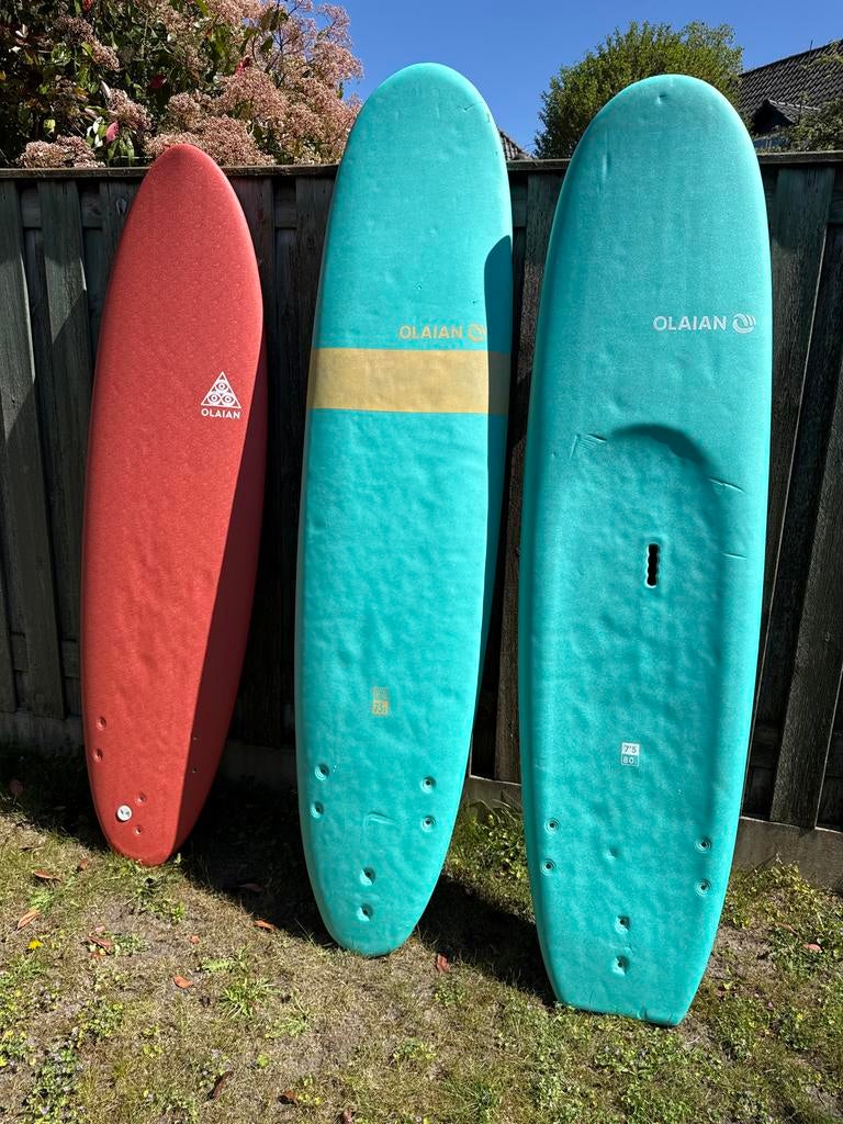 Set van 3 Olaian Softtop Surfboards - Perfect voor Beginners, Ophalen, Gebruikt, Funboard, Met vinnen