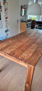 Massieve eettafel met blokpoten van teakhout, Ophalen, Gebruikt, Teakhout, 200 cm of meer