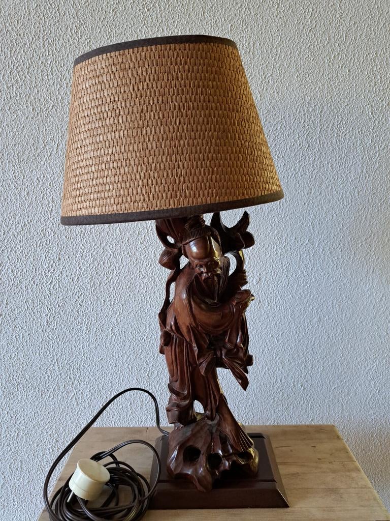 Oosterse Tafellamp met Houten Voet en Rotan Kap, Antiek en Kunst, Antiek | Lampen, Ophalen of Verzenden