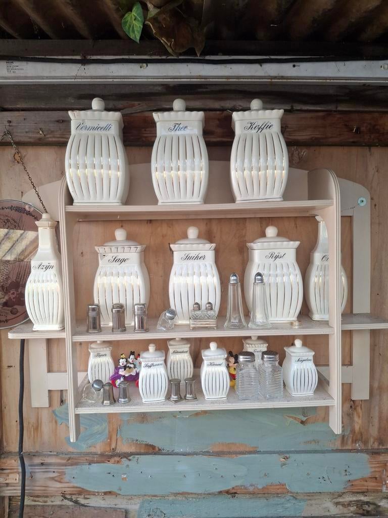 Vintage Kruidenkastje met Porseleinen Potten, Huis en Inrichting, Ophalen of Verzenden