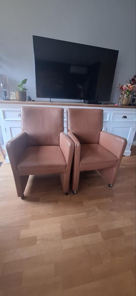 6 lederen stoelen op wieltjes - cognac kleur, Ophalen, Bruin, Leer, Zo goed als nieuw