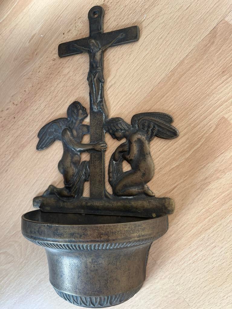 Oude religieuze wandornamenten met kruis en engelen, Antiek en Kunst, Antiek | Religie, Ophalen of Verzenden