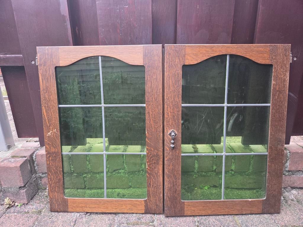 Antiek kastdeuren groen glas in lood, Ophalen of Verzenden