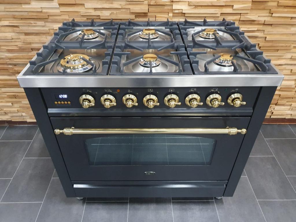 🔥Luxe Boretti Fornuis 90cm antraciet messing 6 pit 300° ove, Witgoed en Apparatuur, Niet ingevuld, 60 cm of meer, Niet ingevuld