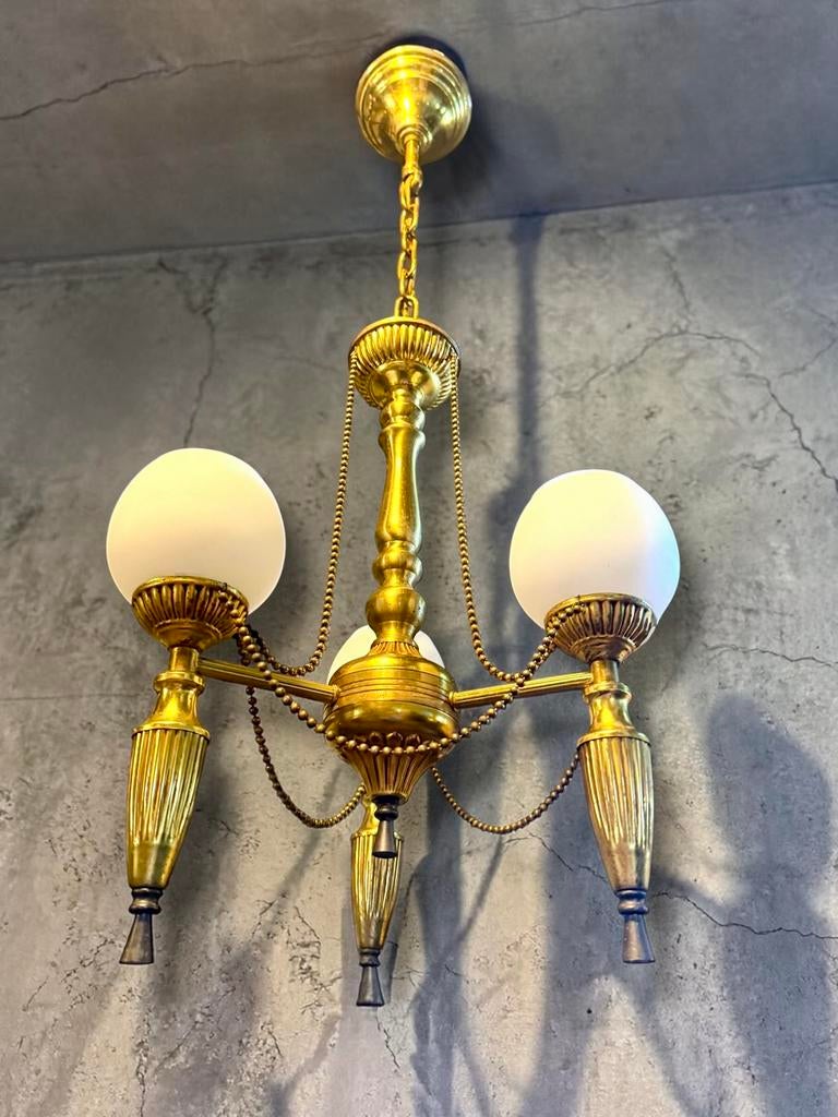 Antieke messing en koperen Empire lamp, Ophalen of Verzenden