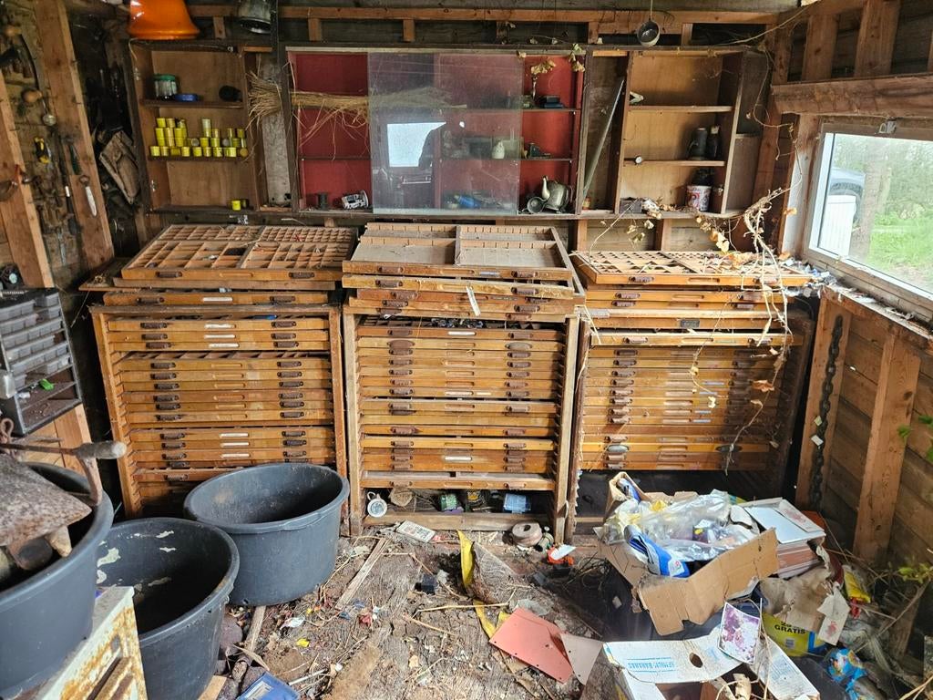 3x letterkasten industrieel zetkasten oude drukkerij, Ophalen