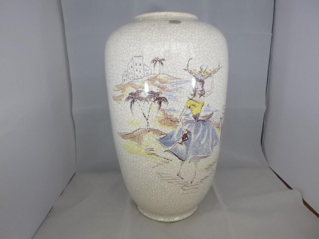 jaren '50 Sillberdistel Craquele vloervaas met opdruk, Gebruikt, Overige kleuren, Aardewerk of Porselein, Ophalen of Verzenden