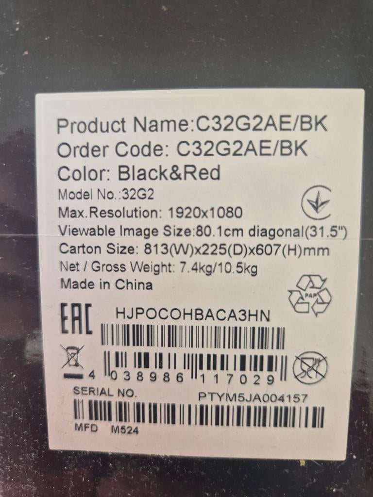 AOC C32G2AE/BK 31.5" Full HD Curved Gaming Monitor, Gebruikt, Curved, Overige typen, Onbekend