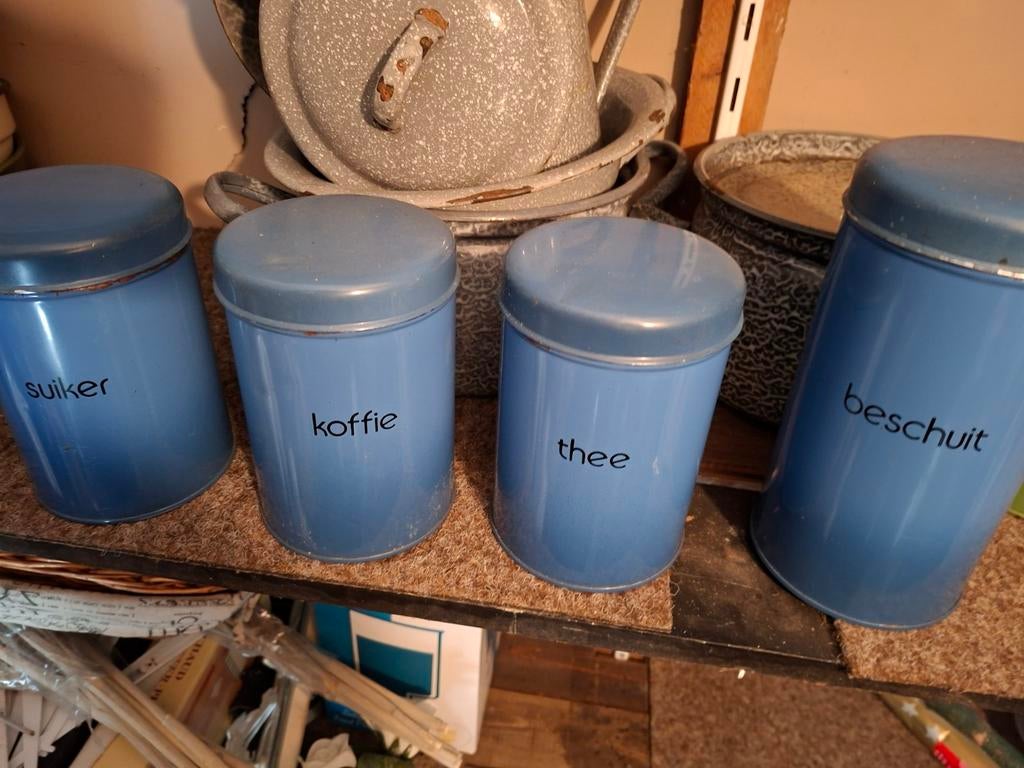 Vintage blauwe voorraadblikken, Ophalen of Verzenden