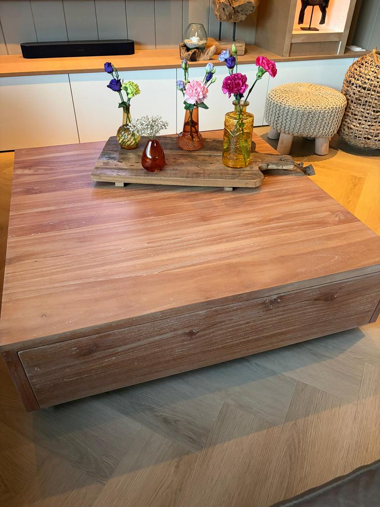 Vierkante Teak Salontafel met Lade, Huis en Inrichting, Tafels | Salontafels, Ophalen, Gebruikt, 50 tot 100 cm, Hoogte 30cm, afmetingen 100cmx100 cm