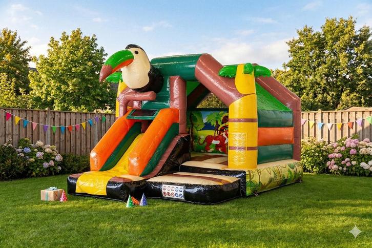 Springkussen Jungle huren | Met Glijbaan!, Hobby en Vrije tijd, Feestartikelen | Verhuur, Zo goed als nieuw, Overige, Ophalen