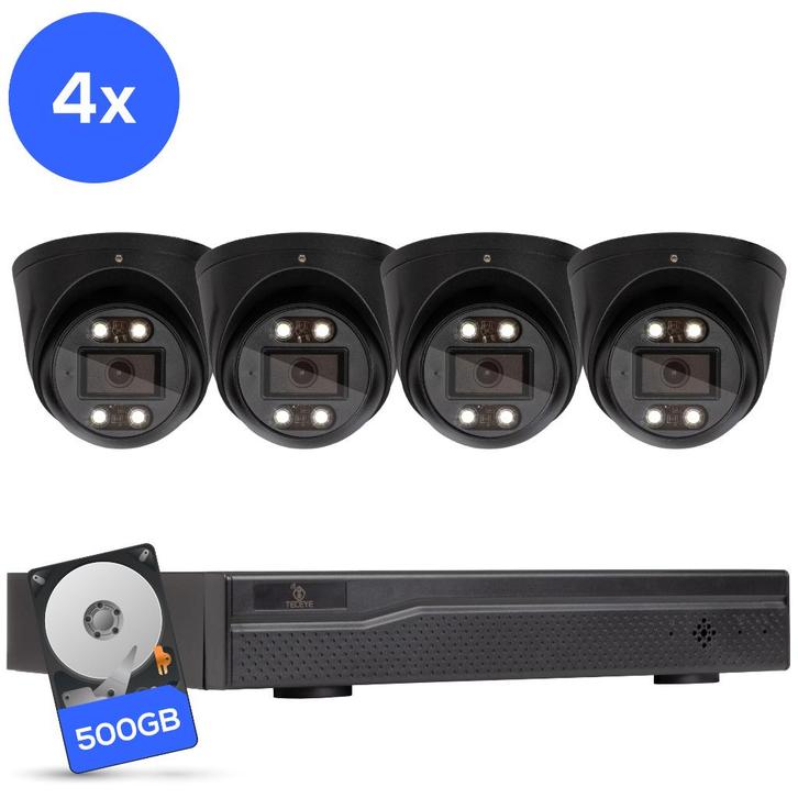 Teceye PoE cameraset 4 stuks met 500GB recorder Zwart CCTV, Audio, Tv en Foto, Videobewaking, Nieuw, Buitencamera, Ophalen of Verzenden