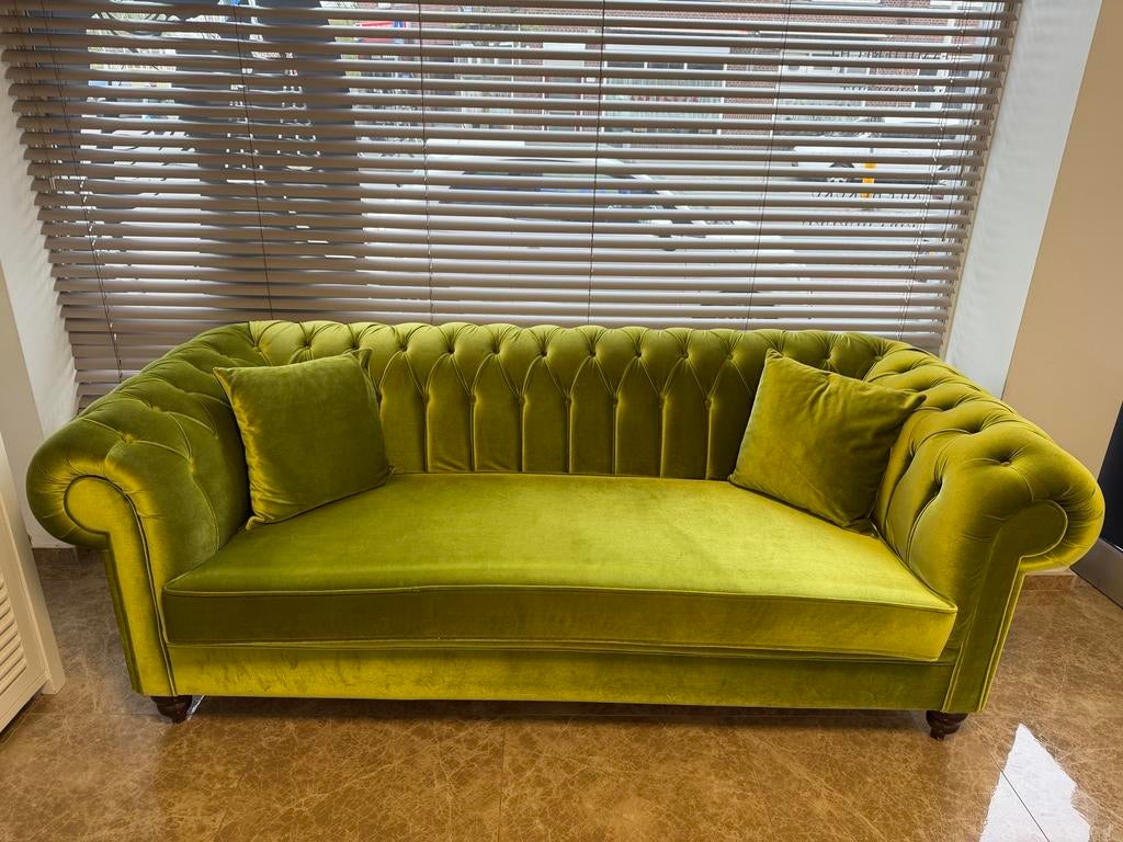 Groene Chesterfield bank, Gebruikt, Driepersoons, 75 tot 100 cm, Ophalen of Verzenden
