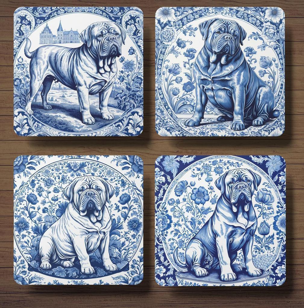 Bordeaux Dog Delfts Blauw onderzetters met houder, Ophalen of Verzenden, Nieuw, Glas of Kopje