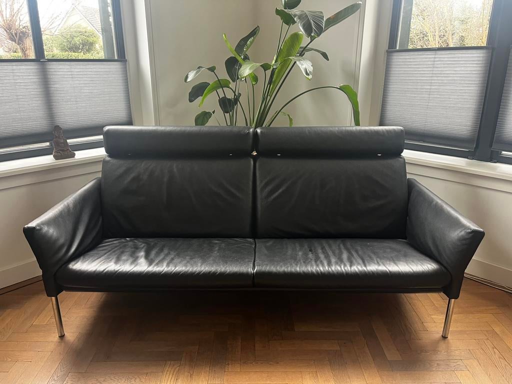Jori 3-zits design bank, zwart leder met chroom kader, Ophalen, Zo goed als nieuw, 200 tot 250 cm, Leer