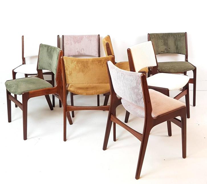 8 Erik Buchmodel 89 eettafel stoelen teak nieuw gestoffeerd, Huis en Inrichting, Stoelen, Nieuw, Vijf, Zes of meer stoelen, Stof