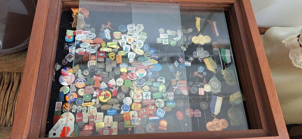 Vintage Speldjes en Medailles Collectie in Houten Vitrine, Ophalen, Gebruikt