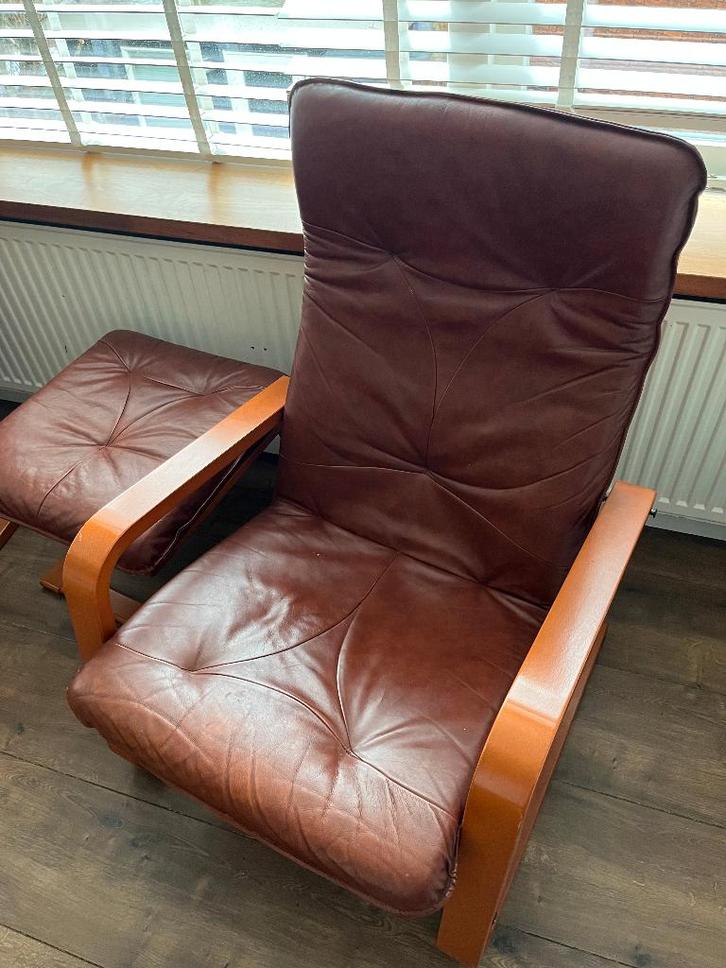 Meblo Magnus fauteuils + bijpassende voetenbank – echt leer!, Huis en Inrichting, Fauteuils, Gebruikt, Hout, Leer, 50 tot 75 cm