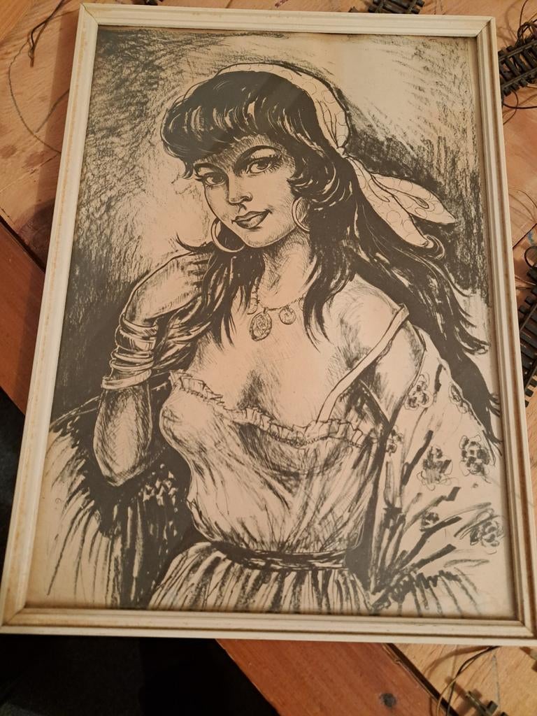 MOOIE OUDE VINTAGE LIJST MET AFBEELDING VAN ZIGEUNER DAME, Minder dan 50 cm, Gebruikt, Ophalen of Verzenden, Schilderij
