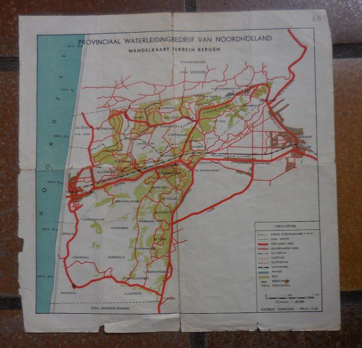 Historische Wandelkaart Terrein Bergen, Boeken, Atlassen en Landkaarten, Gelezen, Landkaart, Nederland, 1800 tot 2000, Ophalen