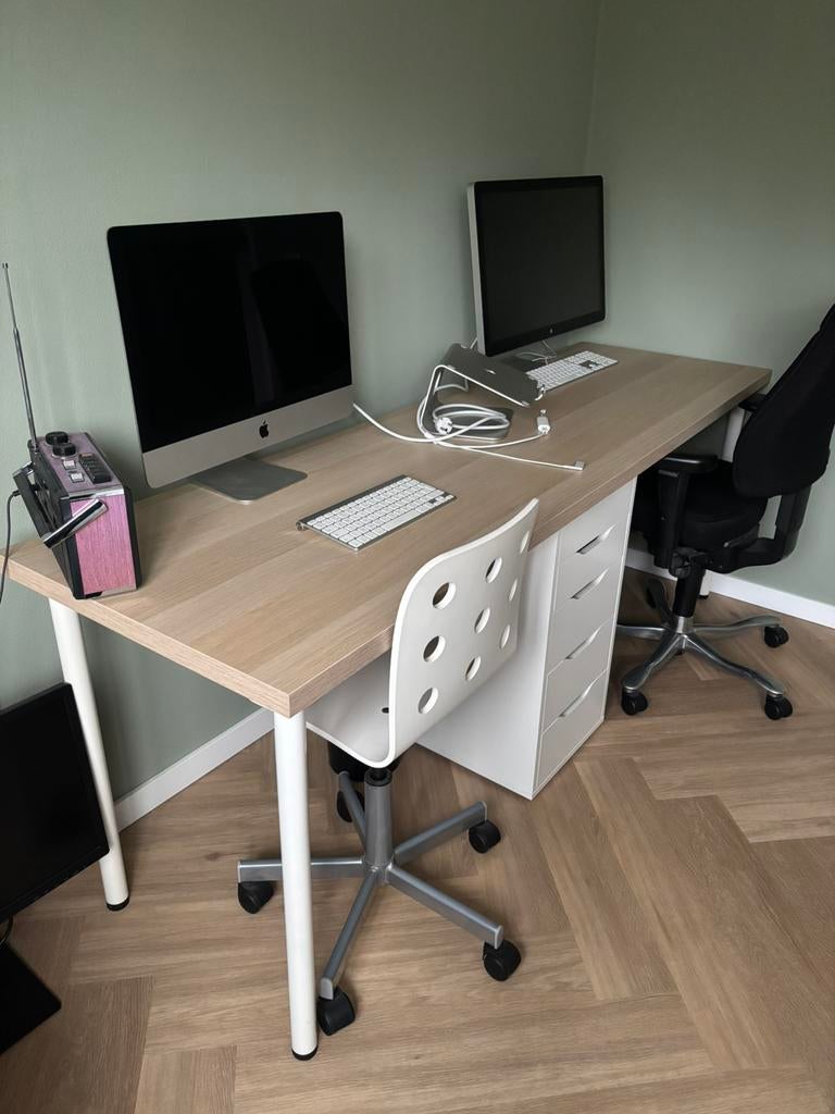 Bureauset 200x60cm licht eiken, Huis en Inrichting, Bureaus, Ophalen, Gebruikt, Met lades, Spaanplaat of MDF