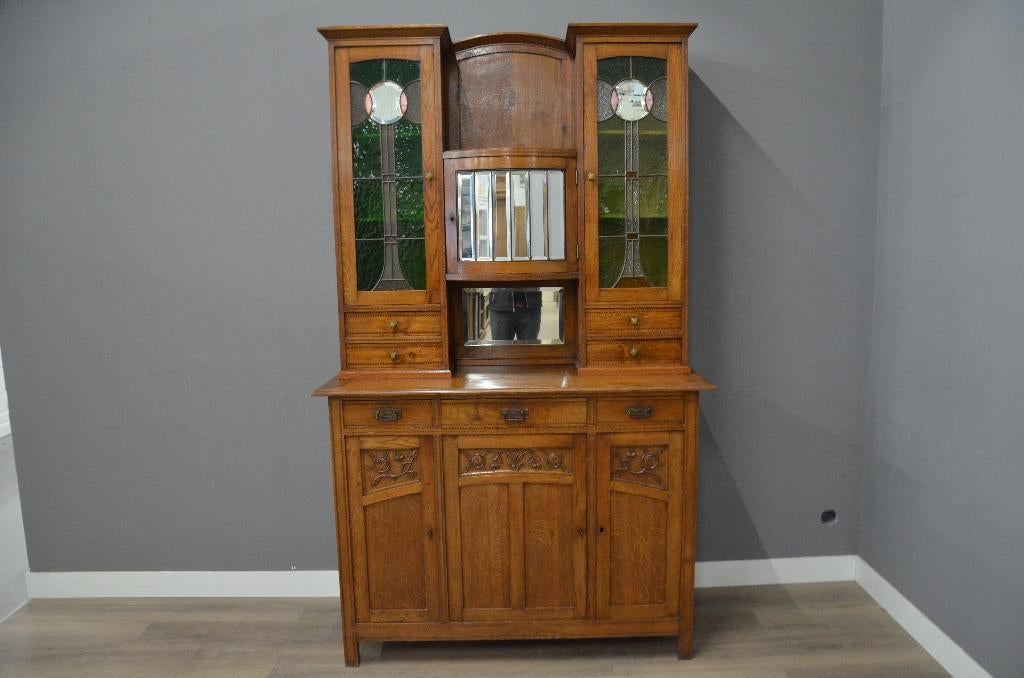 Art Deco/Amsterdamse School Buffetkast–Eiken & Glas-in-lood, Ophalen of Verzenden