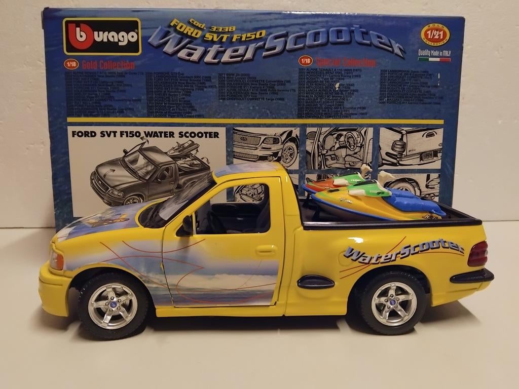 Ford F150 pick up waterscooters geel Bburago metal 1:18 KRD, Hobby en Vrije tijd, Modelauto's | 1:18, Ophalen of Verzenden, Zo goed als nieuw
