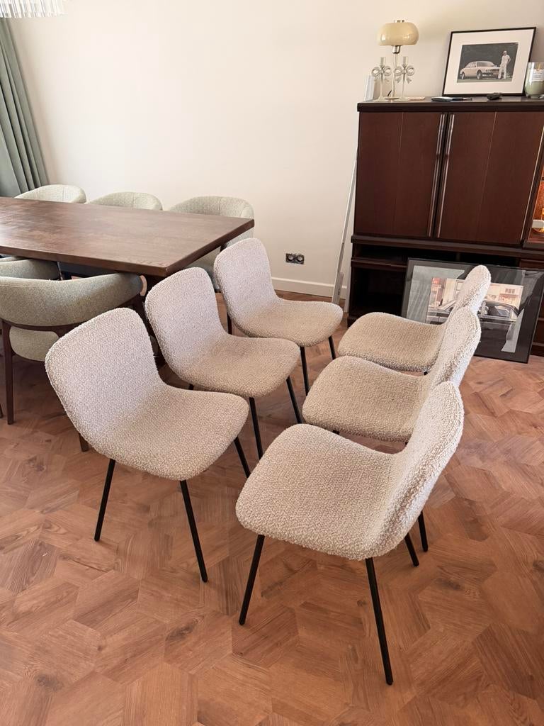 6 mooie, nette Boucle eetkamer stoelen., Huis en Inrichting, Stoelen, Ophalen of Verzenden, Zo goed als nieuw, Grijs, Stof