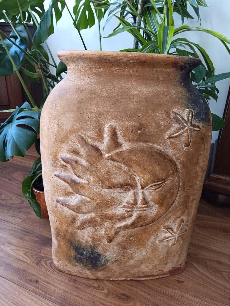 Aardewerk Bloempot met Zon Motief Mexicaanse, 25 tot 40 cm, Gebruikt, Ophalen of Verzenden, Balkon