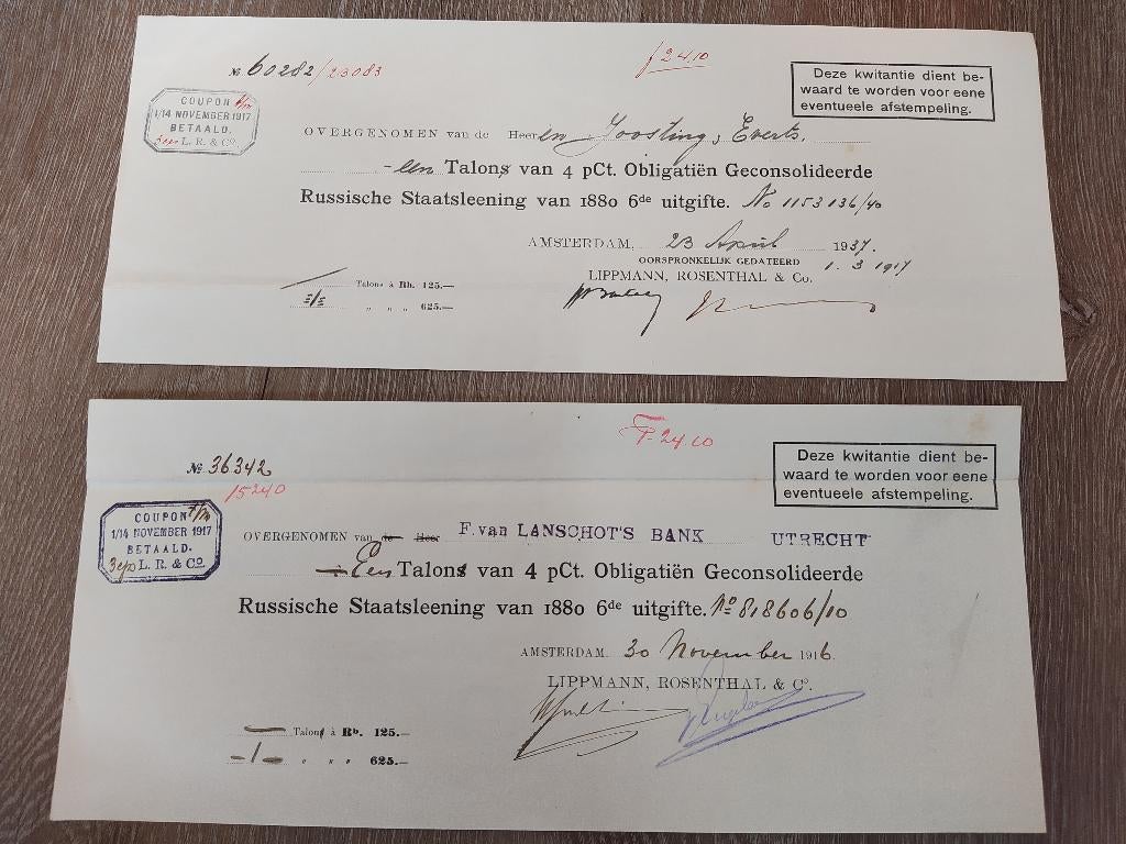 Kwitantie Russiche staatslening, Postzegels en Munten, Aandelen en Waardepapieren, Ophalen, 1970 tot heden, Aandeel