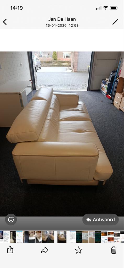 Leren 3-persoonsbank gebroken wit, Huis en Inrichting, Driepersoons, Ophalen of Verzenden, Zo goed als nieuw, Rechte bank