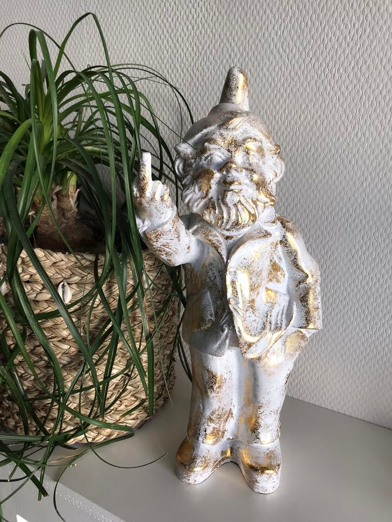 Tuinkabouter goud wit met middelvinger hout Nieuw Bali, Tuin en Terras, Ophalen of Verzenden, Nieuw, Hout, Tuinkabouter