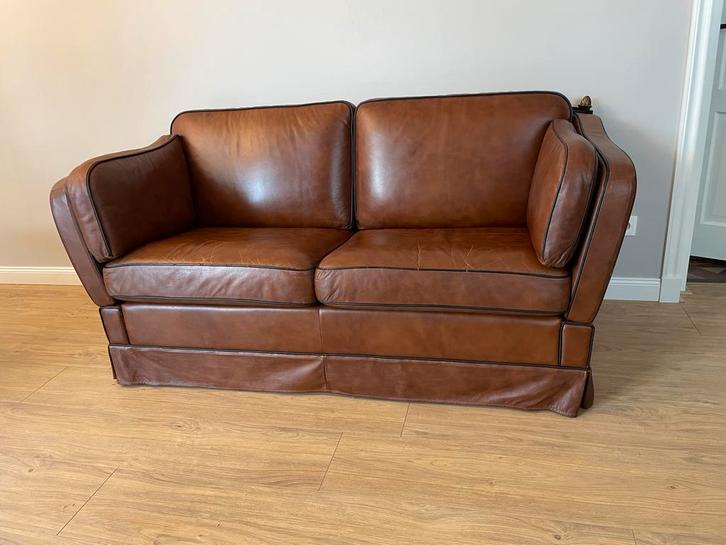 Leren kasteelbank met losse kussens, Huis en Inrichting, Banken | Sofa's en Chaises Longues, Gebruikt, Tweepersoons, 150 tot 200 cm