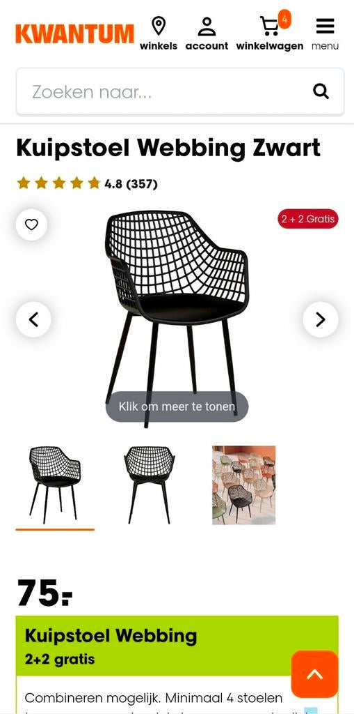 2 kuipstoelen Webbing zwart, Huis en Inrichting, Stoelen, Ophalen, Kunststof, Twee, Zwart