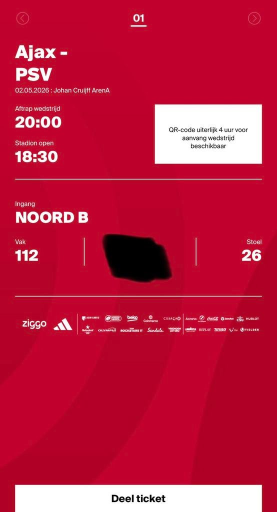 Ajax psv, Tickets en Kaartjes, Losse kaart, Eén persoon, Mei