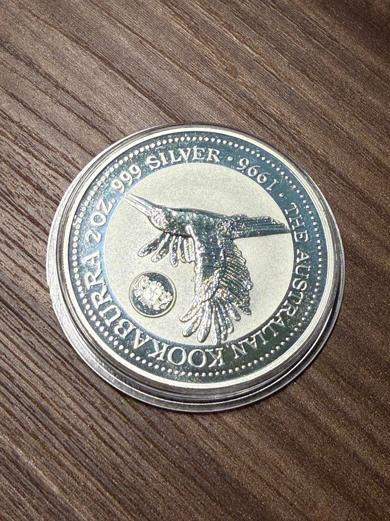 Kookaburra 1996 2oz proof munt, Postzegels en Munten, Edelmetalen en Baren, Verzenden, Zilver