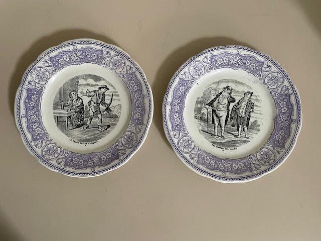 2 antieke wandborden / borden. Sarrequemines. Lila / paars., Ophalen