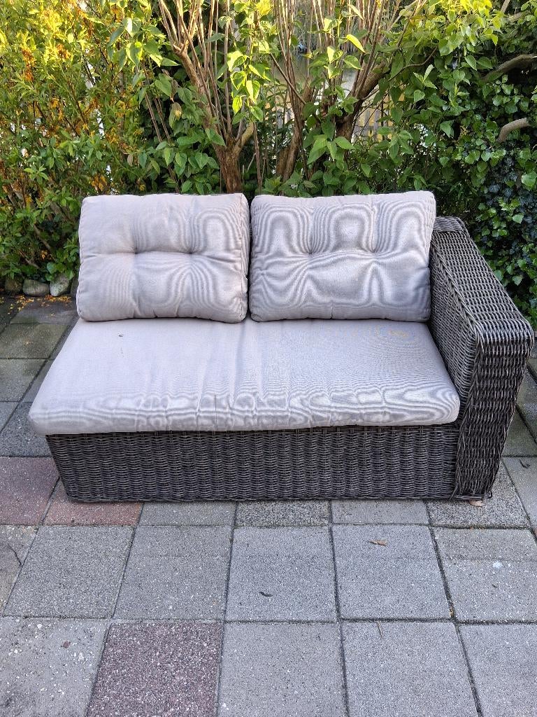 Bruin wicker tuinbankje met kussens, Gebruikt, Loungeset, Wicker, Bank