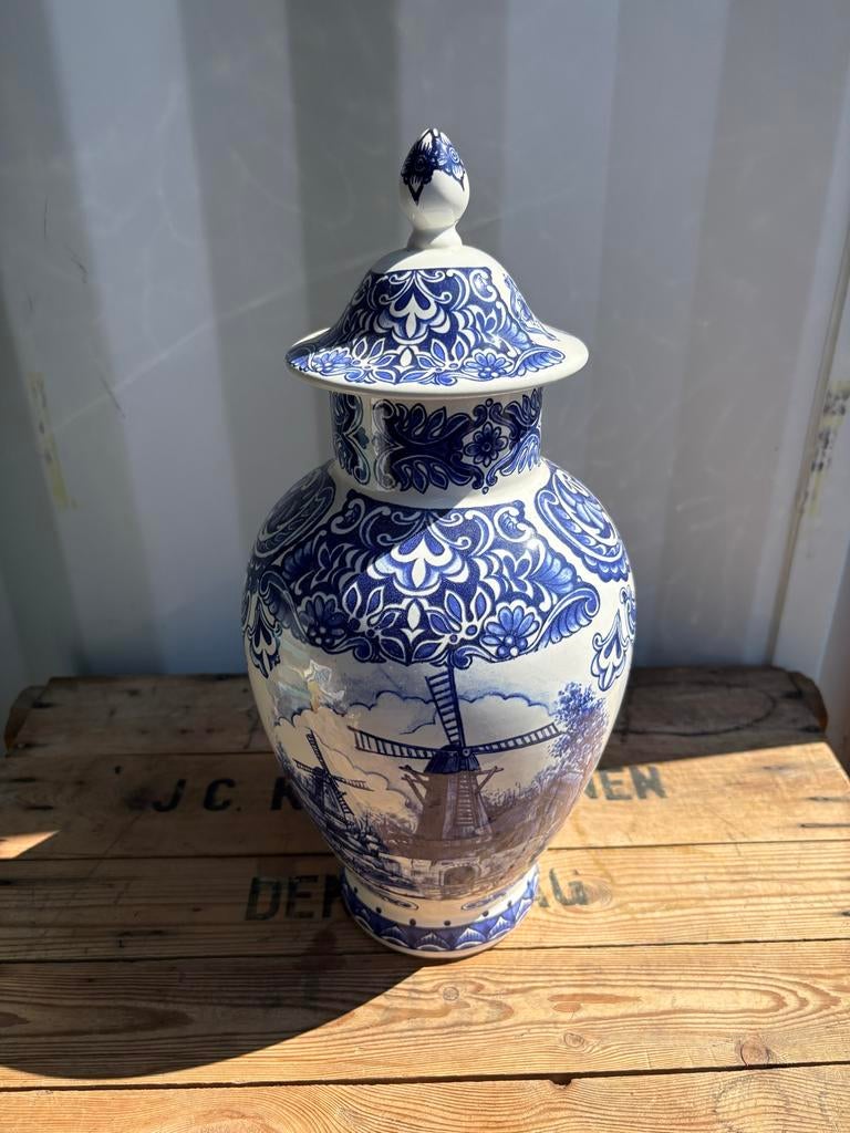 Delfts Blauw gemberpot met molen decoratie, Ophalen of Verzenden