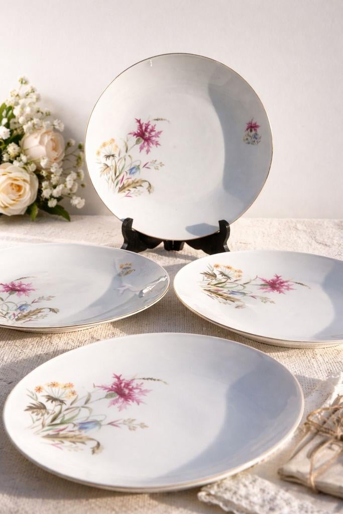 Set van 4 vintage borden Bavaria Mitterteich bloemen, Ophalen of Verzenden, Zo goed als nieuw, Overige stijlen, Porselein